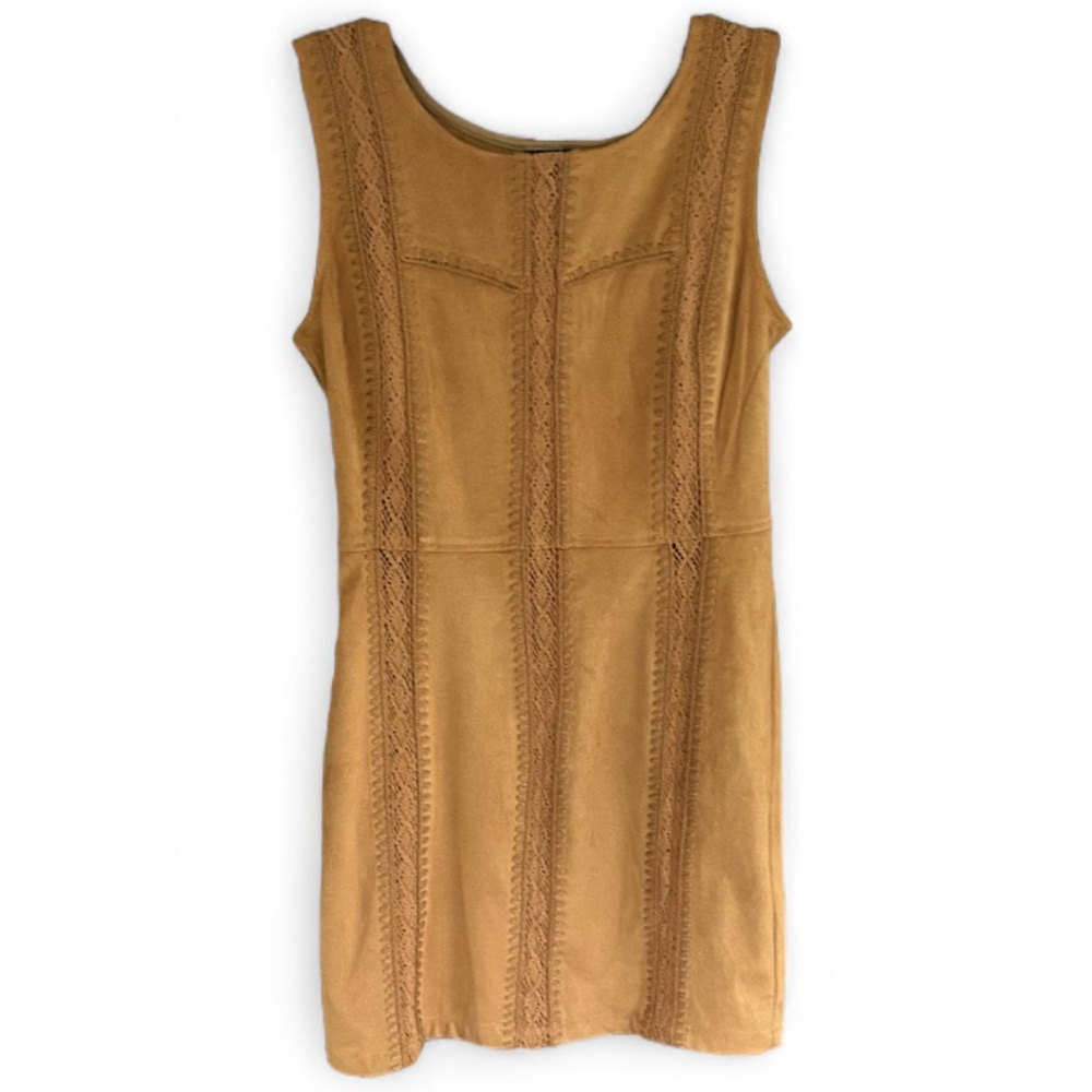 NWT SHYANNE Brown Faux Suede Lace Trim Mini Dress Western Boho Cottage | Size S